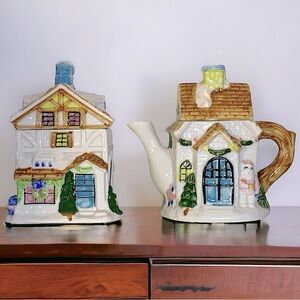 Vintage Cottage Teapot Bag Holder Canister Creamer Sugar Bowl Serving Set 2 Pc